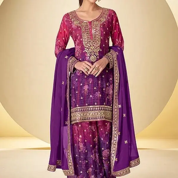 Size XL-42. Shaded Magenta Purple Designer Embroidered Chinon Silk Sharara Suit with Zari Work Mirrors Sequins Digital Print and Embellished Border for Mehendi Haldi Party Wear Festival