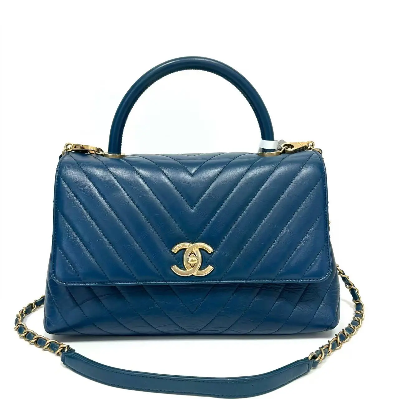 Pre-owned CHANEL Coco Handle Medium Chevron Wax Leather Crossbody Handbag with Chain Strap, 29cm Base Length, Code N23028583, Crossbody Bags