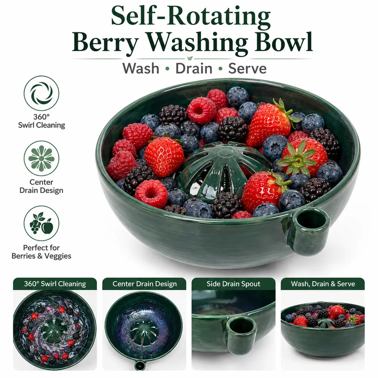 3D Printed Style Fruit Washer Bowl, Quick-Rinse Berry Colander with Drain Hole for Strawberries, Grapes, Blueberries, Salad Prep & Kitchen Gadgets