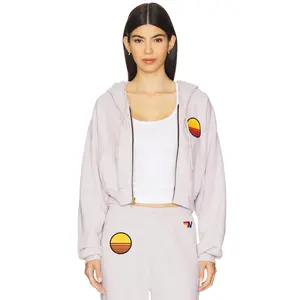 Aviator Nation Sunset Patch Cropped Zip Relaxed Hoodie in Dove Grey