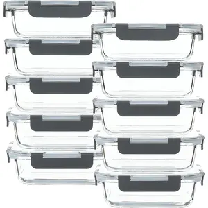 Glass  Storage Containers 10 Pack - 22Oz Meal Prep Container Set with Lid, Airtight Snap Lock, Microwave Freezer Oven Dishwasher Safe, Lunch Box for Work, Grey