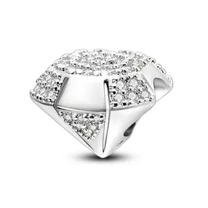 MULA S925 Silver-Plated Charm Bead, Elegant Diamond-Shaped Design with Sparkling Cubic Zirconia, Hypoallergenic Jewelry for Women, Fits Pandora Bracelets, Anniversary Christmas Gift