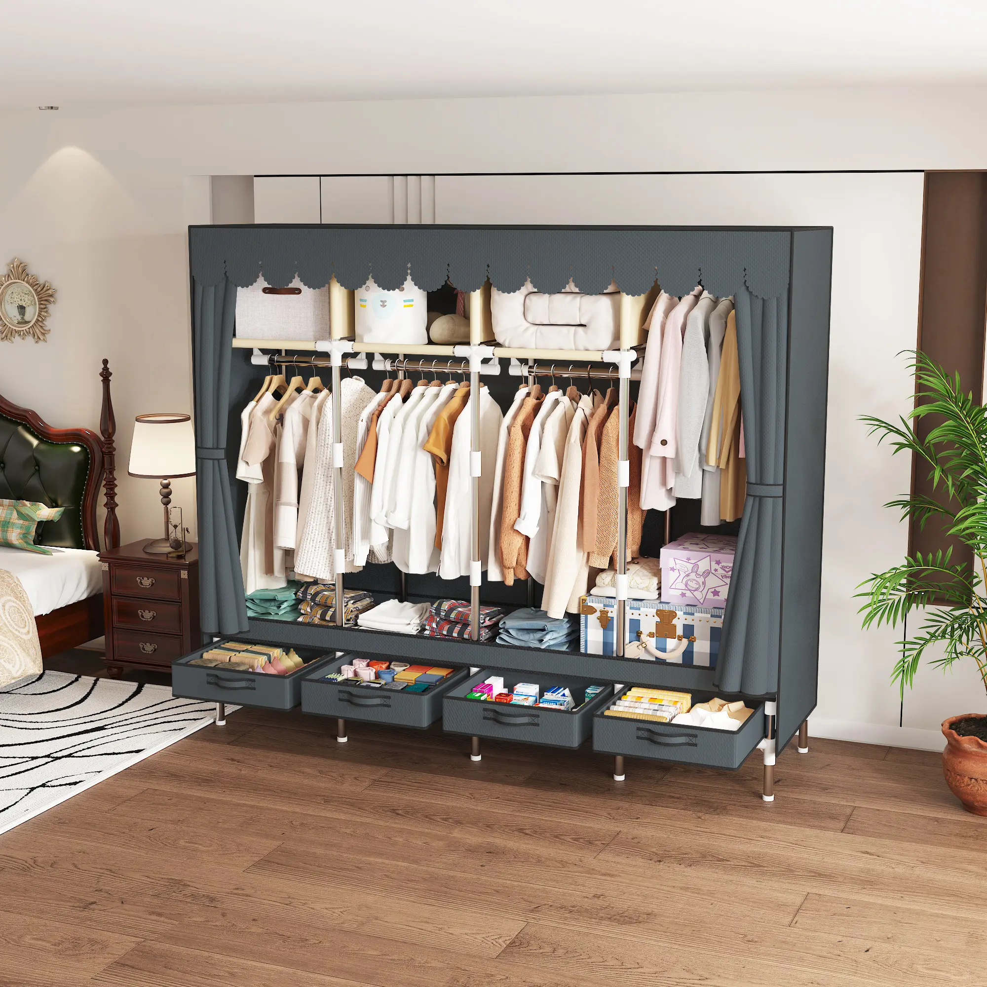 ARLUKIN Durable Modern Cloth Wardrobe - Galvanized Steel Reinforced Tubes, 4 Hanging Rods, High-Density Non-Woven Cover, Tool-Free Easy Assembly, Stable, 68.1x18.1x66.9in Large Capacity Freestanding Bedroom Storage (25kg+ Heavy-Duty Portable Closet), Ward