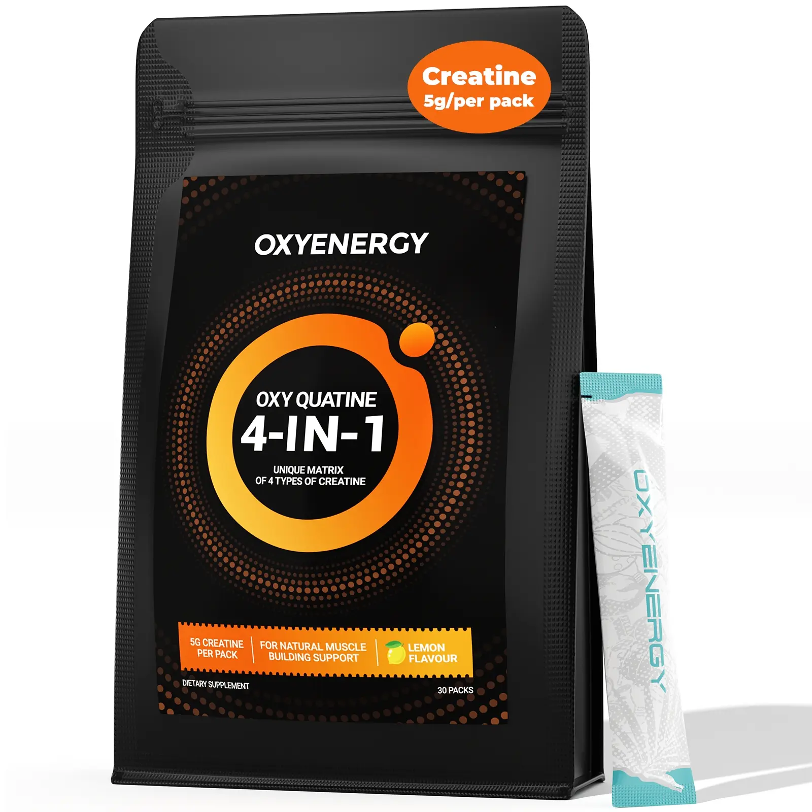 OXYENERGY Quatine 4-in-1 Edible Creatine Protein Powder Dietary Supplement - 5000mg Creatine per Serving (Citrate, Malate, Monohydrate), Lemon Flavor, for Workout Strength & Increased Explosiveness, 4-Creatine Mix