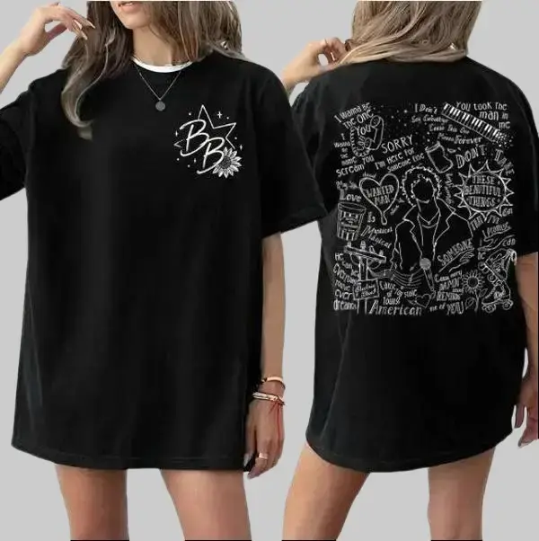 Benson Boone American Heart 2-Sided T-Shirt, Beautiful Things Lyric Collage Tee, Pop Music Fan Concert Shirt