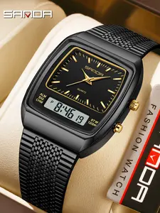 Three-Da Cross-Border Classic Steel Band Electronic Watch, Multifunctional Waterproof Wristwatch, Wine Barrel Three-Time Zone Alarm Clock, Digital Watch, Fashionable Waterproof Watch, Water Resistant Wristwatch