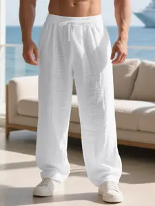 Men's Linen Long Pants Fit with Pockets, Casual Beach Pants, Summer Home Wear, Elastic Waistband & Drawstring, Spring & Fall Fashion