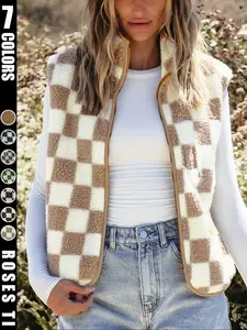 Ins style women's checkerboard Pattern Soft plush vest, outerwear for Autumn and winter, loose vest, Short