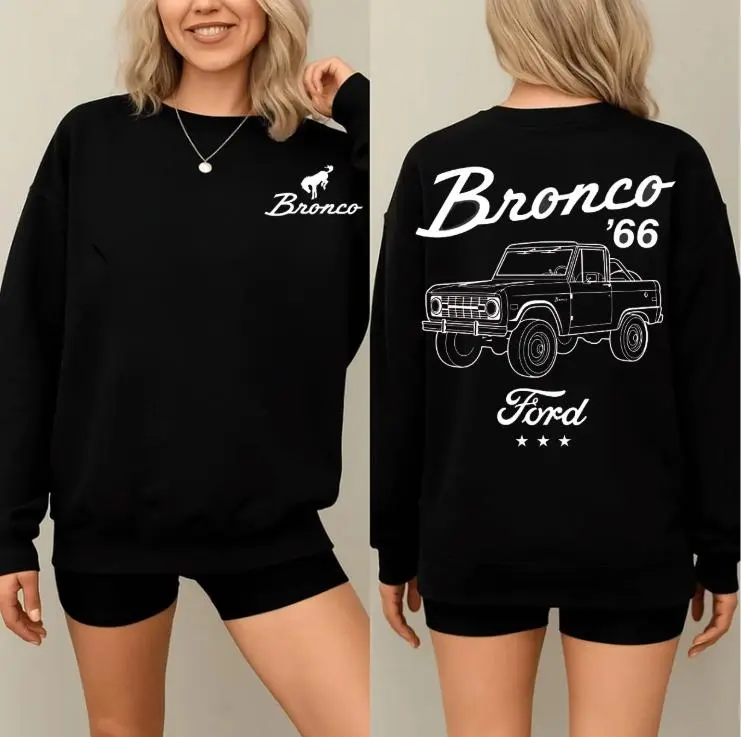 Ford Bronco '66 Vintage Sweatshirt-Classic 1966 Bronco Truck Graphic Crewneck Pullover-Retro Car Lover Gift-Unisex Long Sleeve Sweater for Men Women-Auto Enthusiast Apparel
