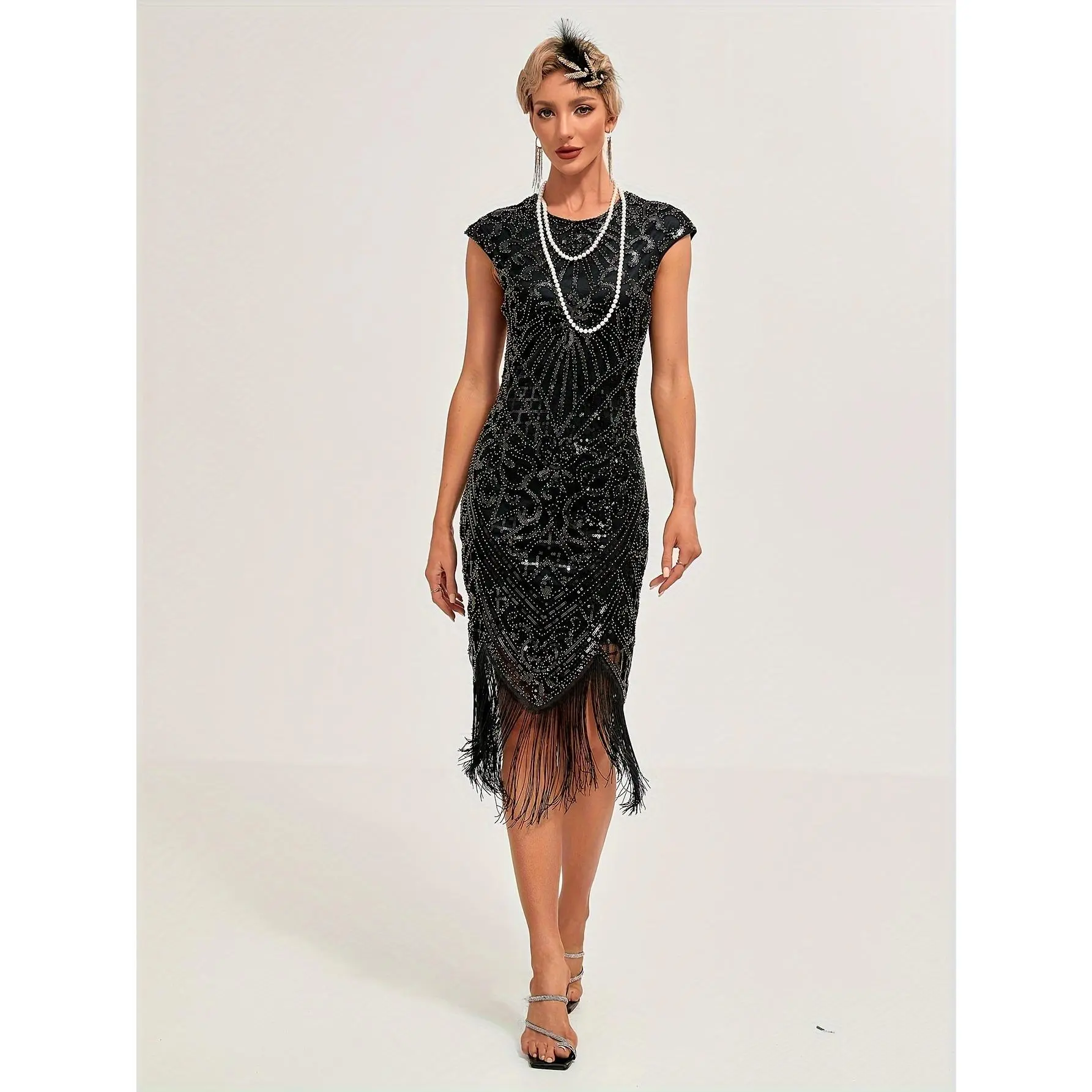 Women's Vintage 1920s Flapper Formal Dress - Female Synthetics Polyester, V-Neck Short Sleeve, Sequin & Tassel Details, Gatsby Roaring Twenties Party Costume