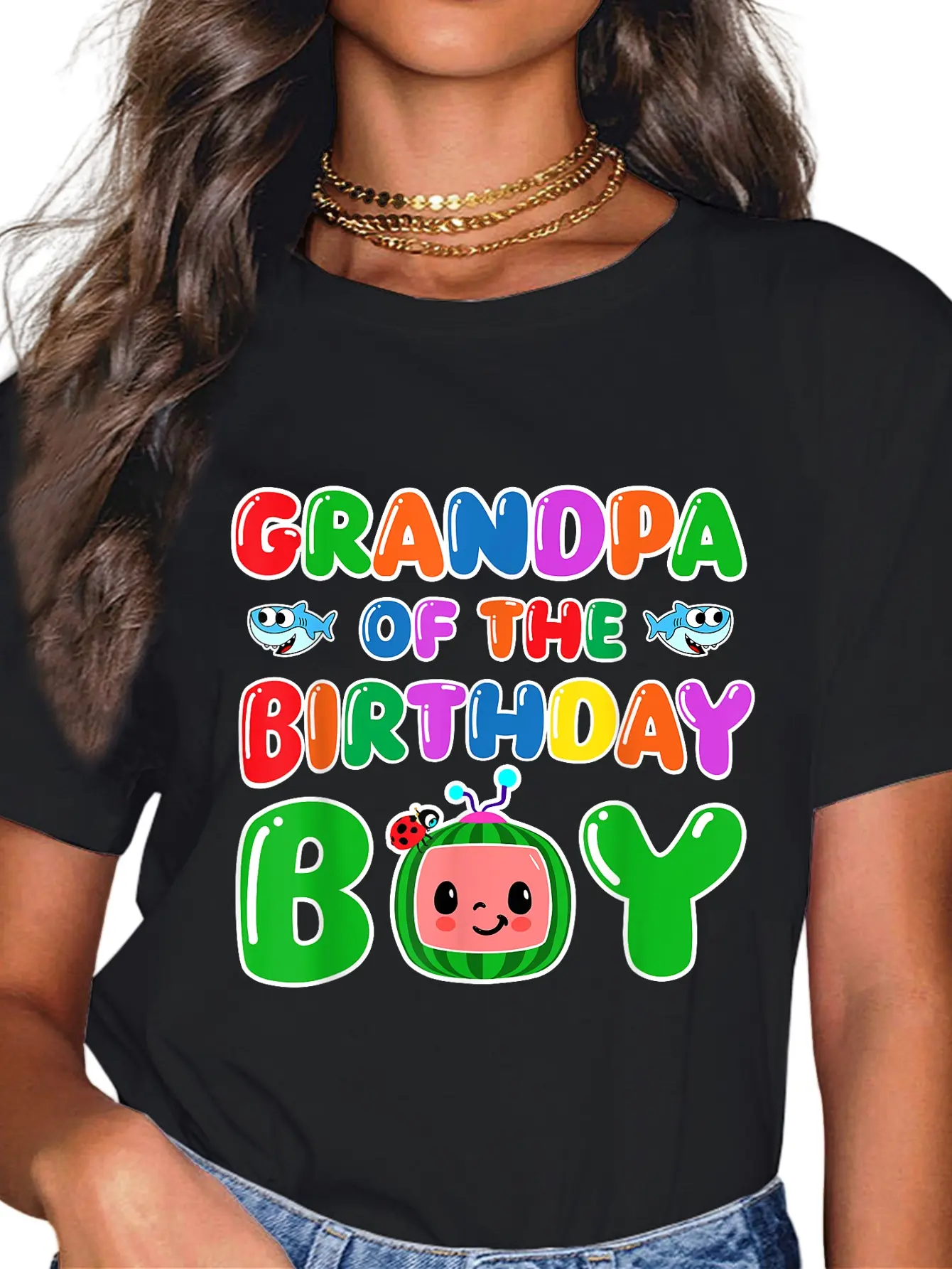 Women's 100% Cotton Casual Short-Sleeve Round Neck Graphic T-Shirt - Funny Grandpa Of The Birthday Boy Melon Family Matching Design, Shortsleeve, Everyday, Tshirt
