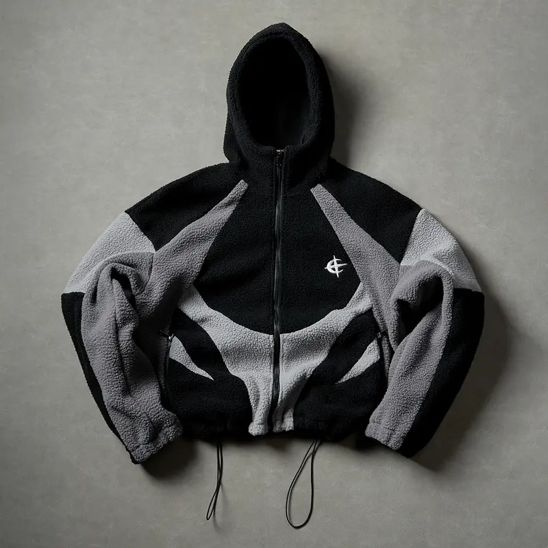 Y2K American street-style men’s fleece hooded jacket featuring color-block design and a full-zip closure with fleec lining, equipped with a drawstring hem and elastic cuffs—perfect for everyday wear, streetwear, hip-hop, and outdoor casual outfits.