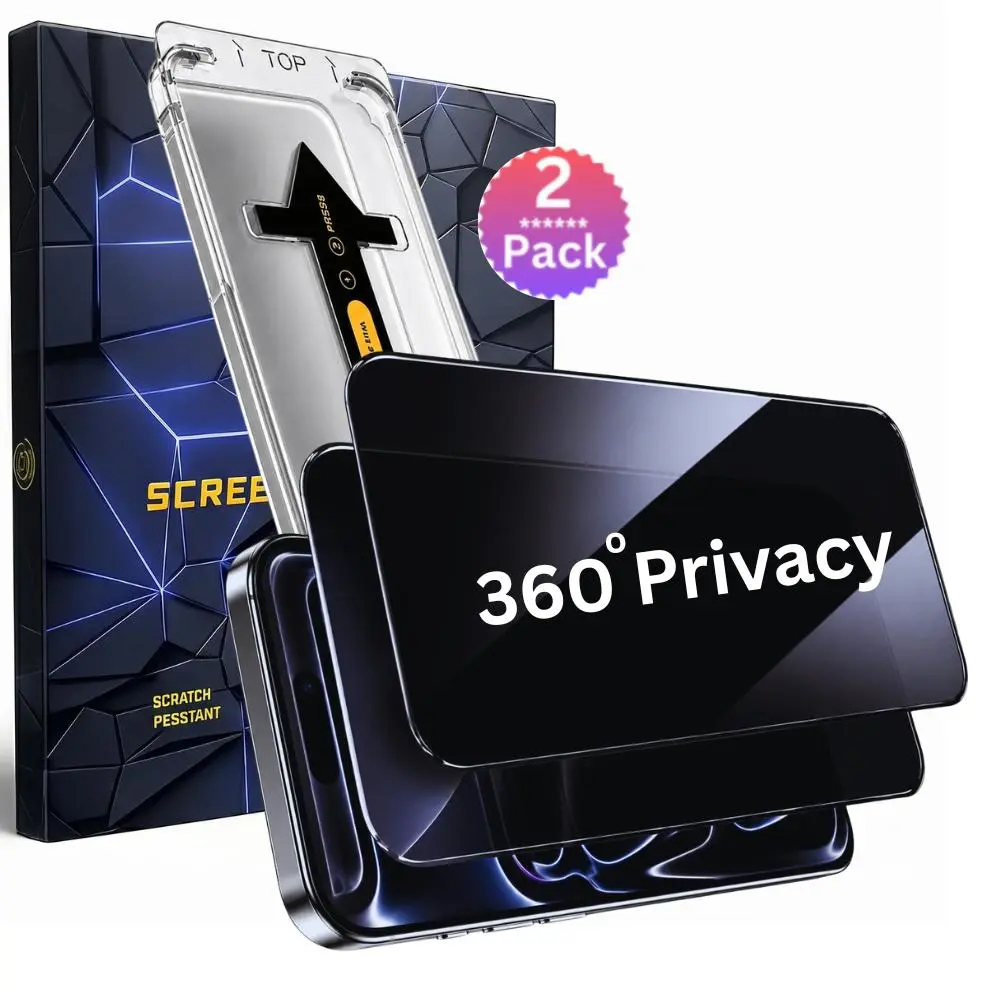 2-Pack Privacy Tempered Glass Phone Screen Protectors for iPhone 17/16 Pro/16/15/14/13/12/11, Plain, 9H Hardness, 4-Side Privacy (360°), Scratch Resistant, Shockproof, Impact-Absorbing Anti-Spy, HD Clarity, Smooth Tough Protective Smartphone Accessory