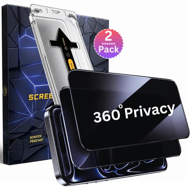 2-Pack Privacy Tempered Glass Phone Screen Protectors for iPhone 17/16 Pro/16/15/14/13/12/11, Plain, 9H Hardness, 4-Side Privacy (360°), Scratch Resistant, Shockproof, Impact-Absorbing Anti-Spy, HD Clarity, Smooth Tough Protective Smartphone Accessory