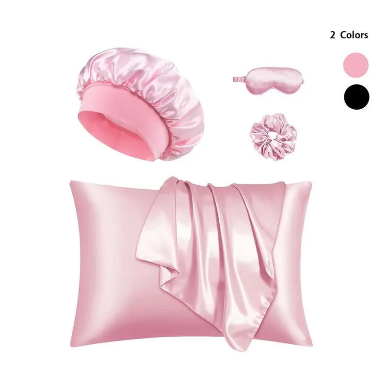 Solid Pink Satin 5-Piece Sleep Set for Women, Luxury Travel Gift with Gentle Hair Bonnet, Blackout Eye Mask & Pillowcases, Sleep Mask, Matching Colors, Daily, Five Pieces
