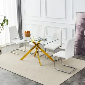 51.18" Rectangular Tempered Glass Dining Table, Chrome Plated Metal Legs for Living Room & Kitchen, Modern Aesthetic, Gold