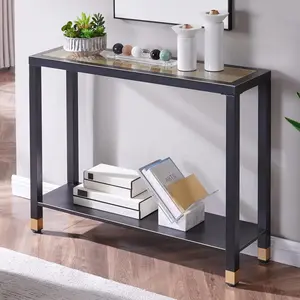 41 in Modern Black Glass Console Table - 2-Tier Glass+Metal Narrow Sofa Table with Golden Mesh Shelves, Rectangle Shape, Easy Assembly, Ideal for Entryway, Living Room, Office (Gold & Black)