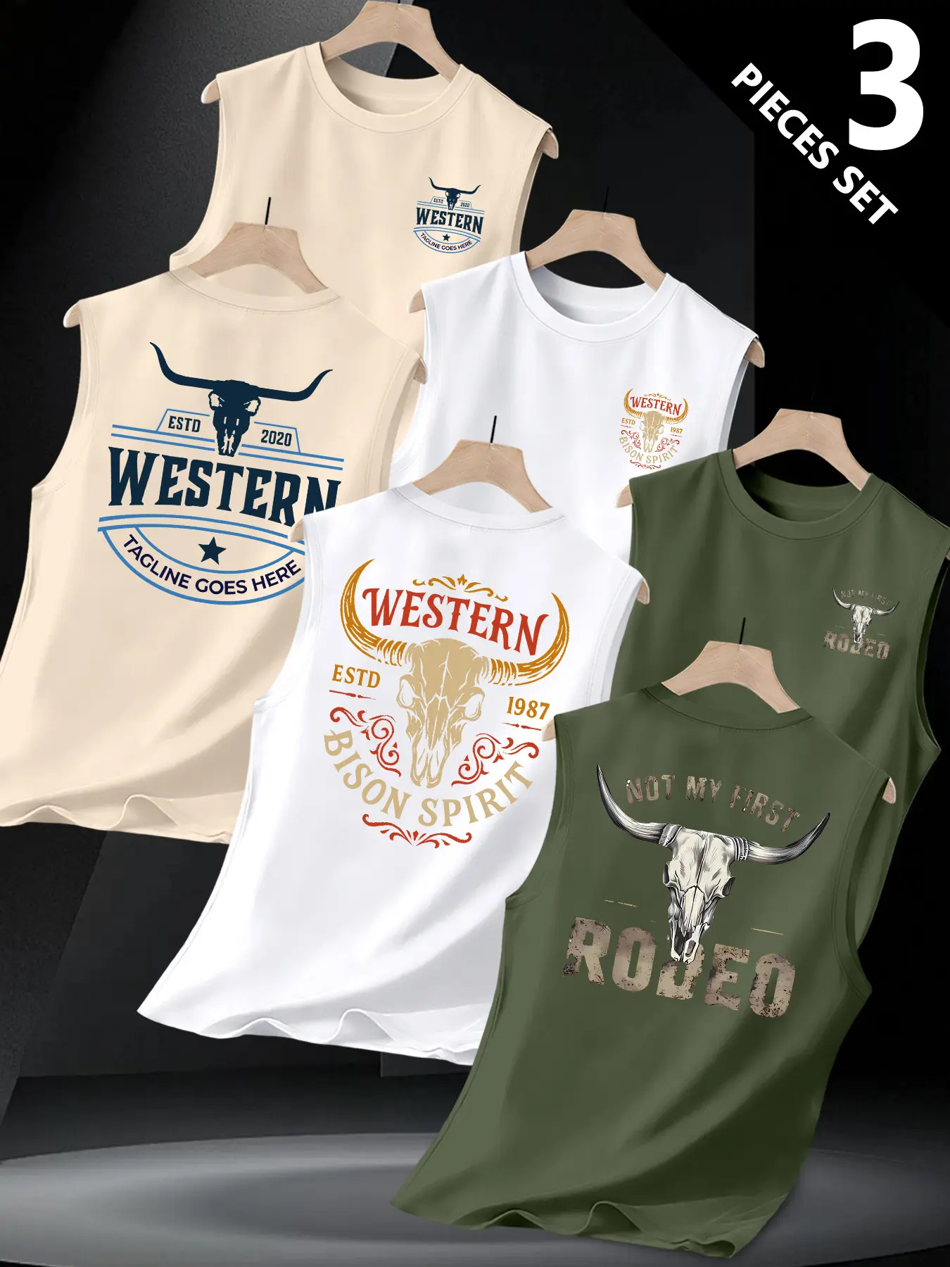 3-Pack Texas Western Cowboy Print Sleeveless Vest, Vintage Bull Head Design, Comfortable Sporty Top, Daily Wear, Unique Style, Tank Vest