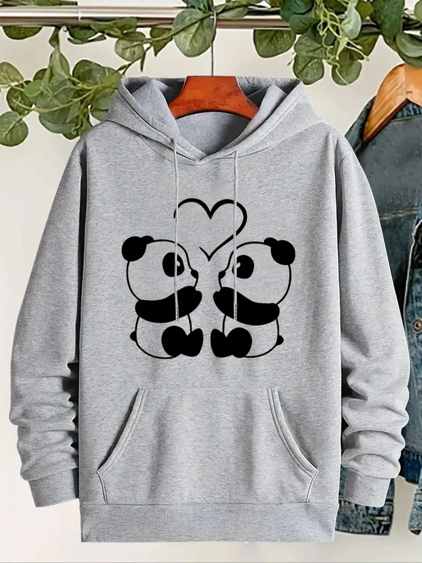 【Plus Size】 Cartoon Panda Print Drop Shoulder Drawstring Hoodie, Fashion Casual Pocket Hooded Sweatshirt for Daily Outdoor Wear, Women Clothing for Fall & Winter