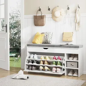 VOWNER Shoe Storage Bench with 3-Tier Flip Drawer & Padded Cushion, Shoe Rack Bench with Flip-Open Storage Box, Shoe Storage Organizer for Entryway, Hallway, Living Room, White, Wood