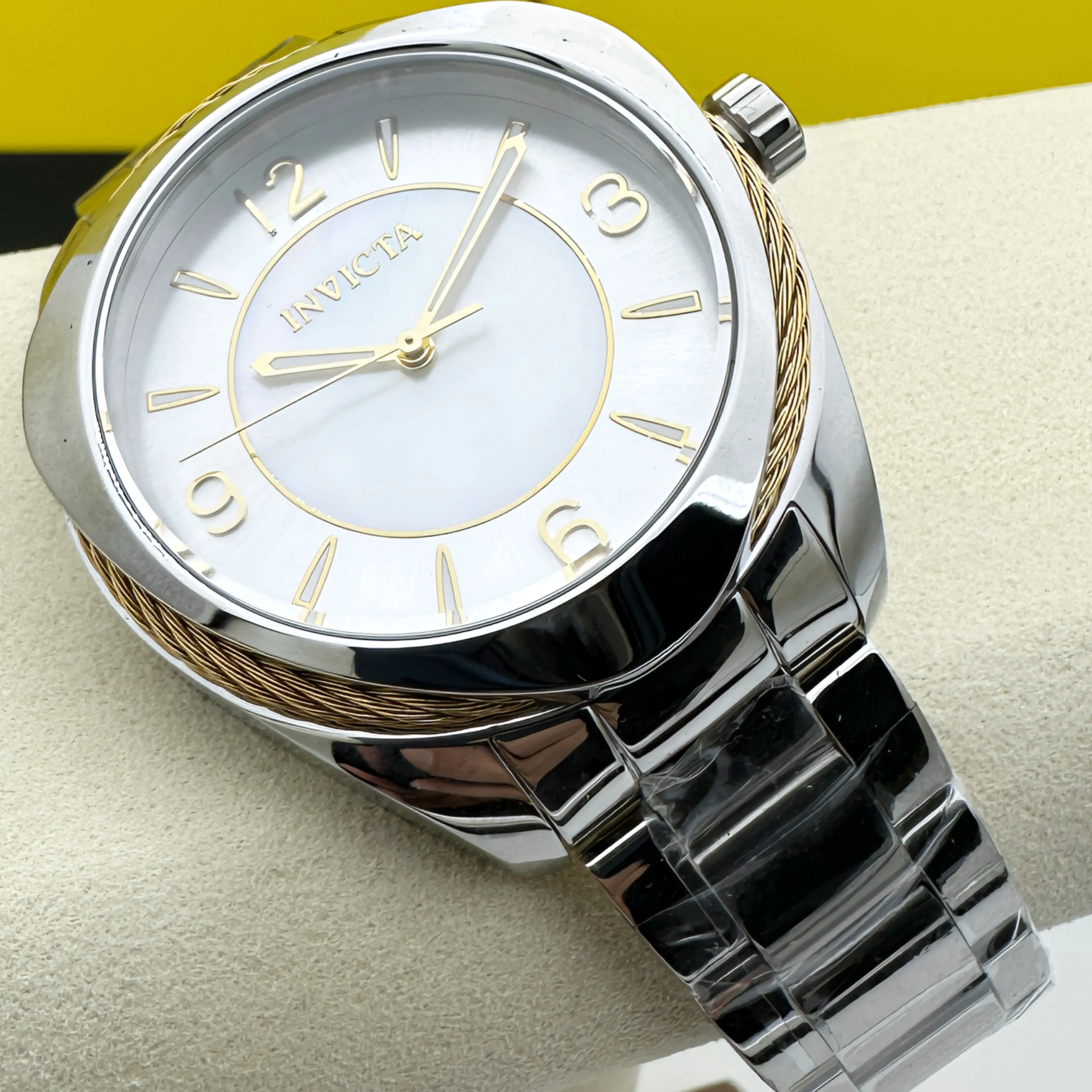 Invicta Women's Elegant Round Bolt Classic Analog Watch - Gold Wire Edition, White Silver Luminous Dial, Quartz 3-Hand Design, Shock Resistant, Waterproof Metal Band, Fashion Timepiece with Rare Charm