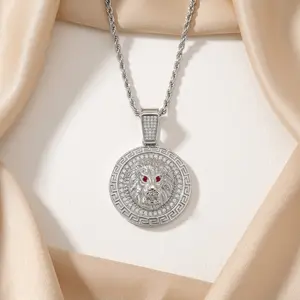 Bling CZ Red Eye Lion Medallion Pendant Necklace - Bold, Street Style Costume Jewelry Fashion Accessory