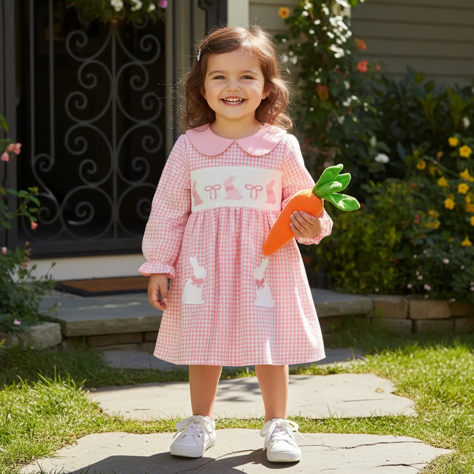 Toddler Outfit, Baby Girls Clothing - Easter Plaid Bunny Bow Embroidered Long Sleeve Smocked Doll Collar A-line Dress for Spring, Fall, Long Sleeves, 12-18 Months, Easter Theme