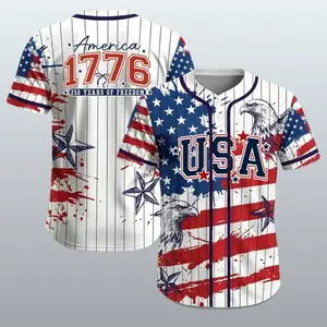 USA 1776 Baseball Jersey Patriotic American Flag Eagle Button Down Shirt 250 Years of Freedom Independence Day Gift
