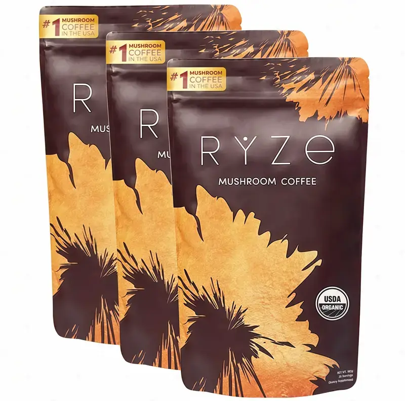 3 Piece RYZE Mushroom Coffee USDA Organic with 6 Adaptogenic Mushrooms and MCT Oil LU USA Grown Instant Coffee for Better Energy, Focus, Digestion, Immunity with Turkey Tail, Shitake, Lion's Mane, 30 Servings Vitamin