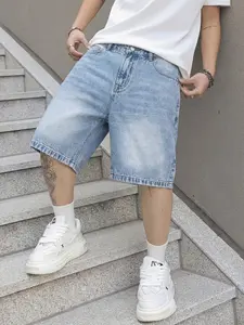 Summer Denim Shorts Five-Point Pants, Fit No Stretch Straight Leg Jeans, Cotton Ripped Streetwear, Fashionable Basic Casual Commuter Wear
