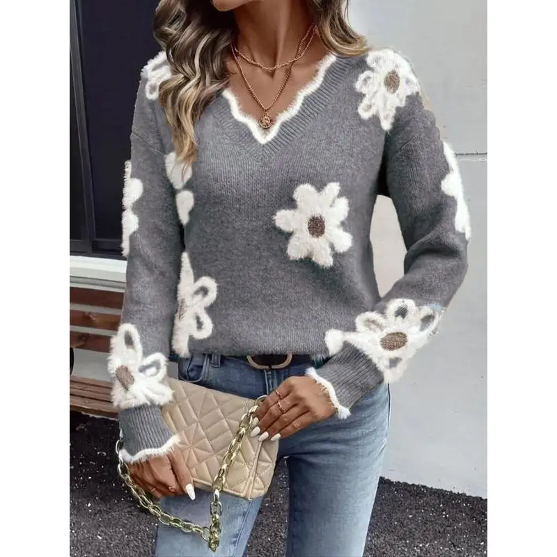 New(New)New[Plus Size] Floral Print Contrast Binding?Scallop Trim?Drop Shoulder Sweater, Casual Long Sleeve V Neck Jumper for Fall & Winter, Women's Plus Clothing for Daily Wear Can be used with raincoat