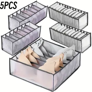 5-piece foldable grid drawer storage box-multifunctional breathable underwear, Bra and socks storage box, multi-compartment design, space-saving wardrobe finishing artifact, ladies fashion accessories clothing storage box, solid color conspicuous mesh