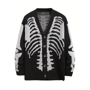 Men's Plus Size Skeleton Print Long Sleeve Cardigan Sweaters V Neck Button Down Outwear Coats Casual Acrylic
