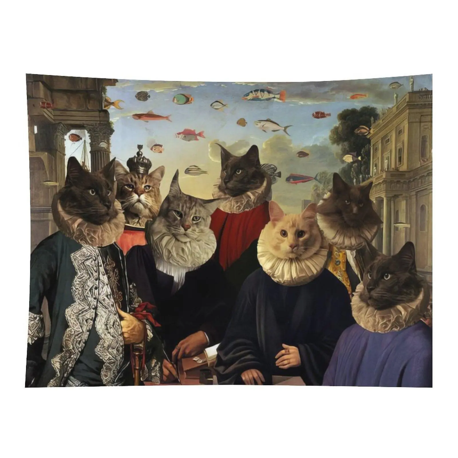 Renaissance Oil Painting Noble Cats Ruff Collar Flying Fish Wall Tapestry Wall Hanging, Vintage Classical Royal Kitty Surreal Art Decor for Dark Academia Bedroom Dorm Ornament