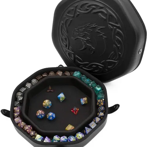 Dice Tray and Storage Case for Up to 115 RPG Dice - Premium PU Leather Construction with Embossed Dragon Design & Non-Scratch Interior Quick Magnetic Closure