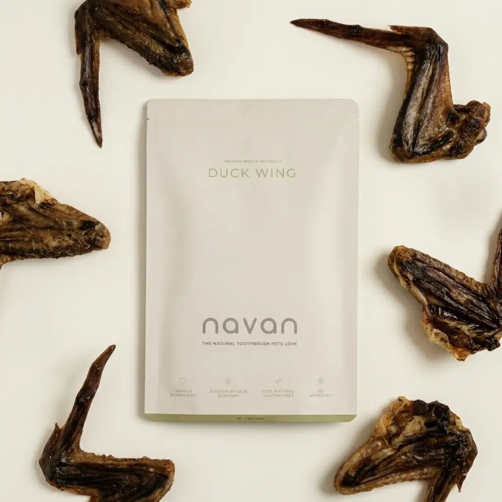 NAVAN Duck Wing Dog Chews 4 Count | 100% Natural Single-Ingredient | Human-Grade Dehydrated Whole Duck Wing | Glucosamine Chondroitin Collagen | Long-Lasting Dental Chew for Serious Chewers