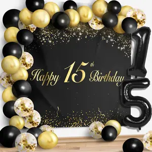 Happy 15th Birthday Balloons Black Set Decor - Cheers to 15 Years Old Party Theme Garland Banner Backdrop Decorations For Boy and Girl Supplies