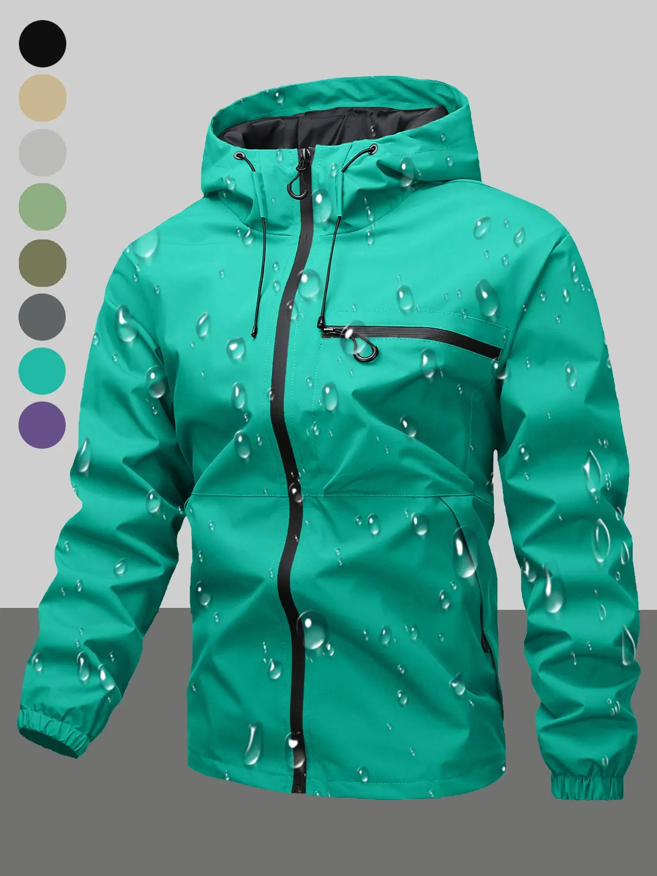 Men's All Weather Waterproof Windproof Hooded Jacket, Drawstring Zipper Pocket Design, Casual Long Sleeve Outdoor Coat for All Seasons, Menswear