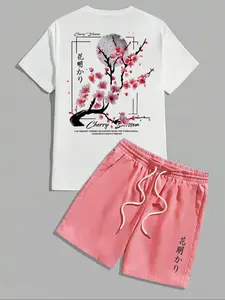 Two-piece Set Men's Cherry Blossom Print Floral Short Sleeve Tee & Drawstring Waist Shorts,  Casual Round Neck T-shirt & Track Shorts, Men's Summer Clothes, Relaxed Lounge Set, Menswear