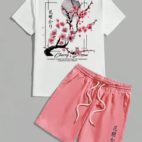 Two-piece Set Men's Cherry Blossom Print Floral Short Sleeve Tee & Drawstring Waist Shorts,  Casual Round Neck T-shirt & Track Shorts, Men's Summer Clothes, Relaxed Lounge Set, Matching Sets, Outfit Sets, Menswear