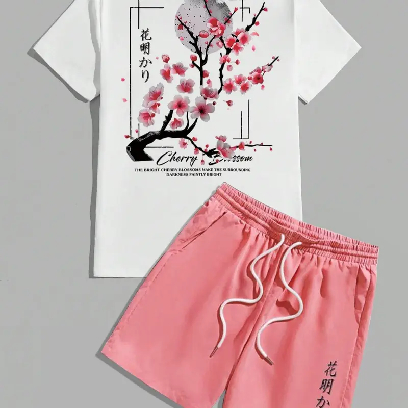 Two-piece Set Men's Cherry Blossom Print Floral Short Sleeve Tee & Drawstring Waist Shorts, Casual Round Neck T-shirt & Track Shorts, Men's Summer Clothes, Relaxed Lounge Set, Matching Sets, Outfit Sets, Menswear