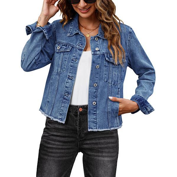 luvamia Women's Distressed Denim Trucker Jacket - Collared, Long Sleeves, Button-Up, Frayed Raw Hem, Pockets, Soft Denim, Casual Tops for Country Concert Outfit, Western OOTD Basic Outerwear
