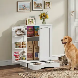 White Summervibes Dog Feeding Station - Home Decor Indoor Living Room Cupboard with Hidden Bowls, Adjustable Panel, Hooks & Food Storage Cabinet for Medium-Sized Pets