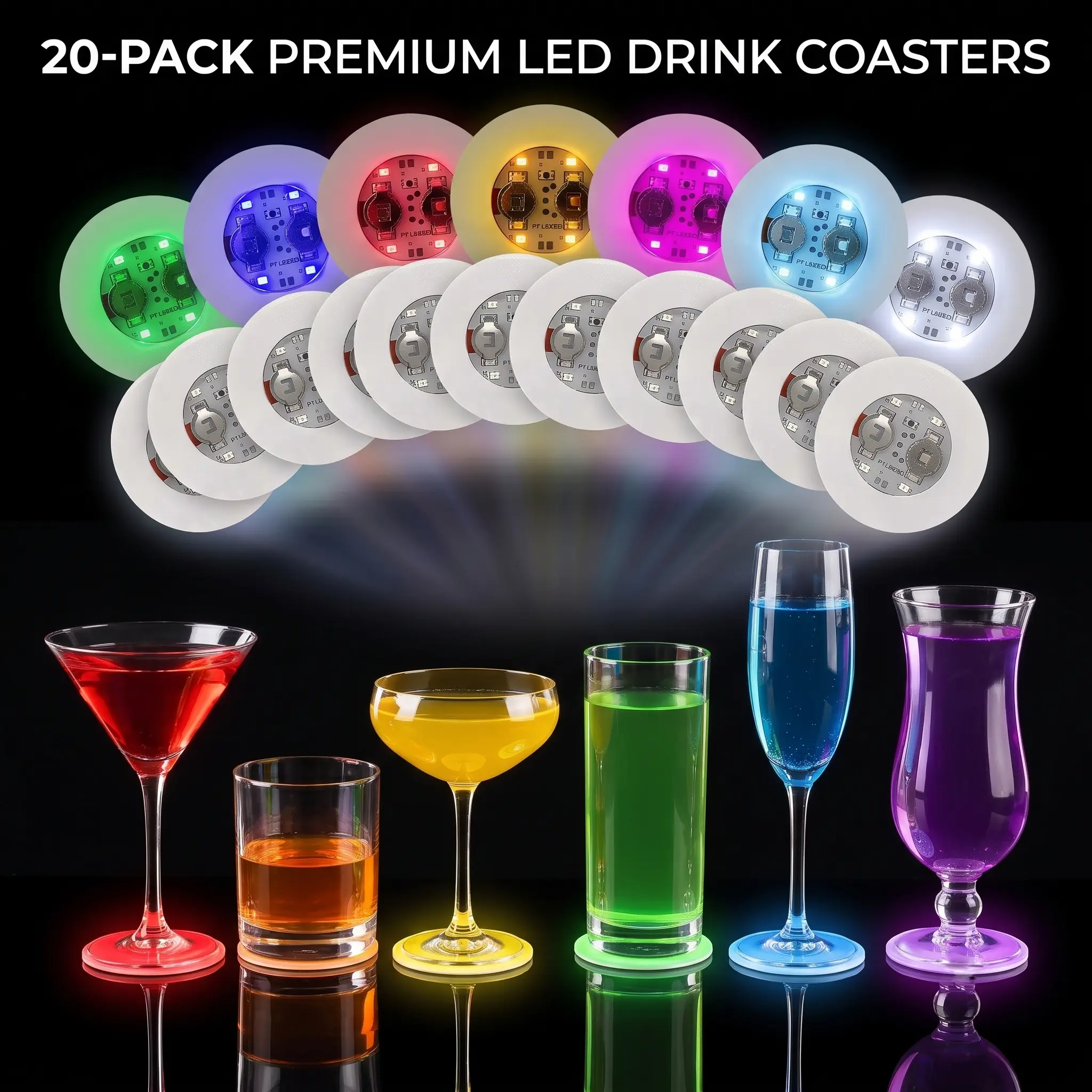 20 LED Light Up Coasters - 8-Color Glowing Drink Decor, Party Decorations with Glowing Lights for Festive Party Vibes