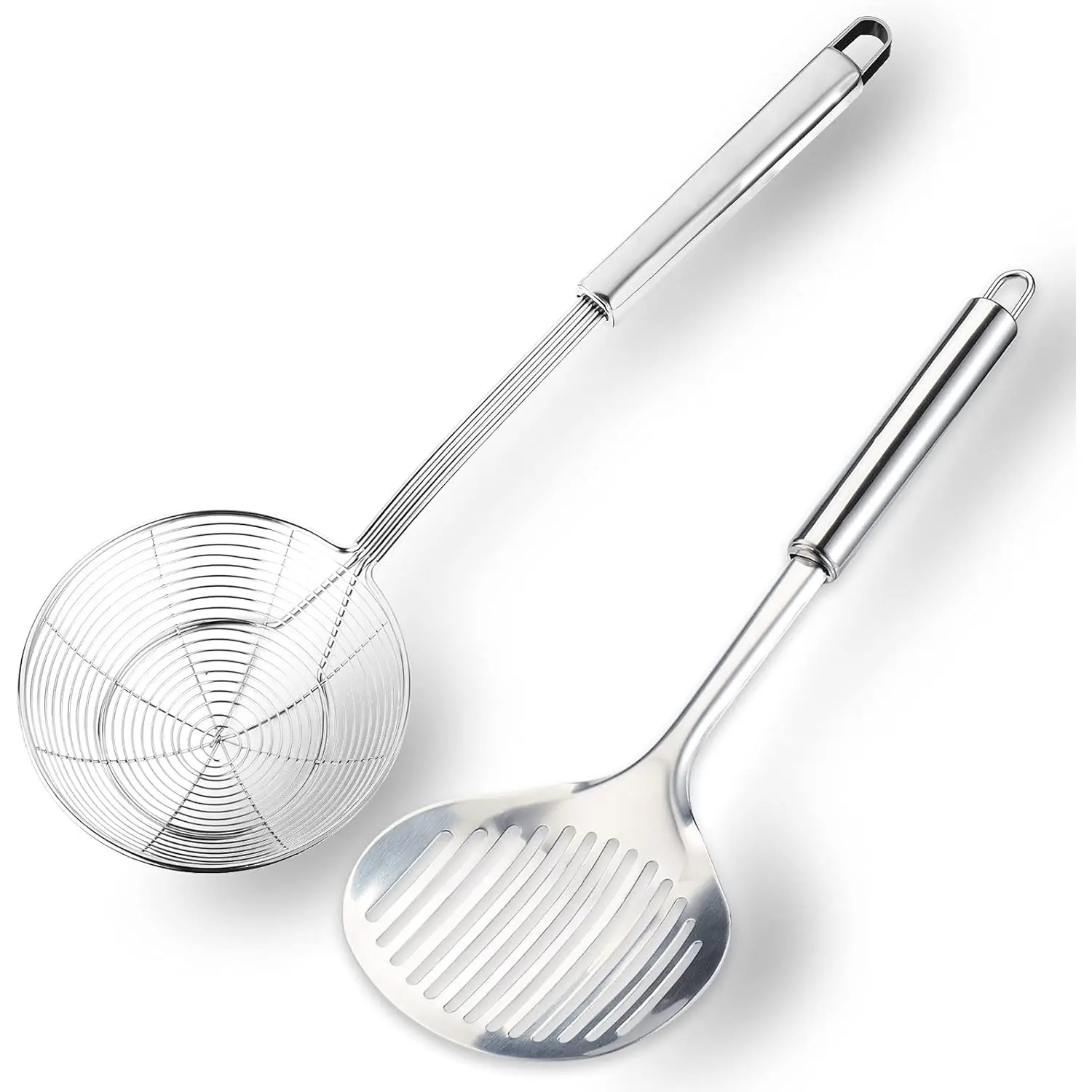 2Pcs Stainless Steel Multi-Kitchen Utensil Set - Nonstick-Safe Hanging Tools with Holes Design (Scoop, Slotted Fish Turner, Spatula, Colander Spoon, Ladle, Spider Strainer) for Cooking, Frying - Home Improvement