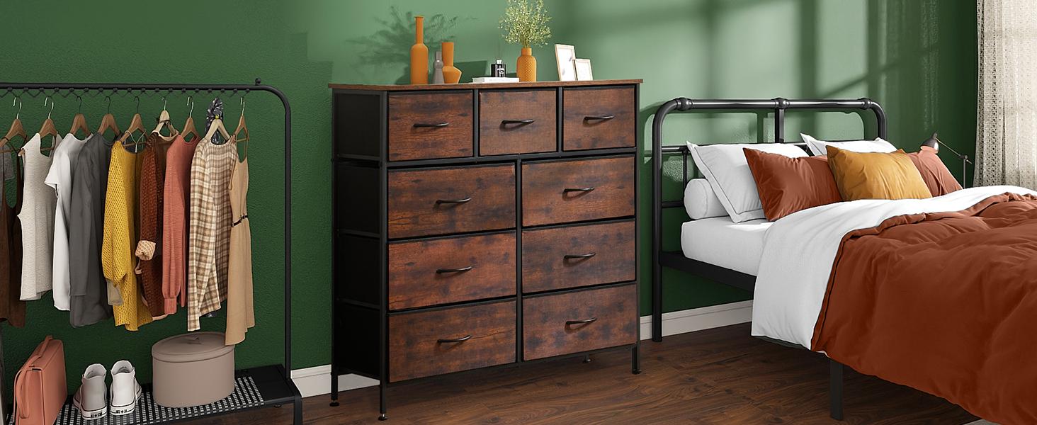 [Deal] Dresser for Bedroom with 9 Drawers, Clothes Drawer Fabric Closet Organizer Cabinet, Large Chest Storage Tower with Metal Frame & Wood Tabletop