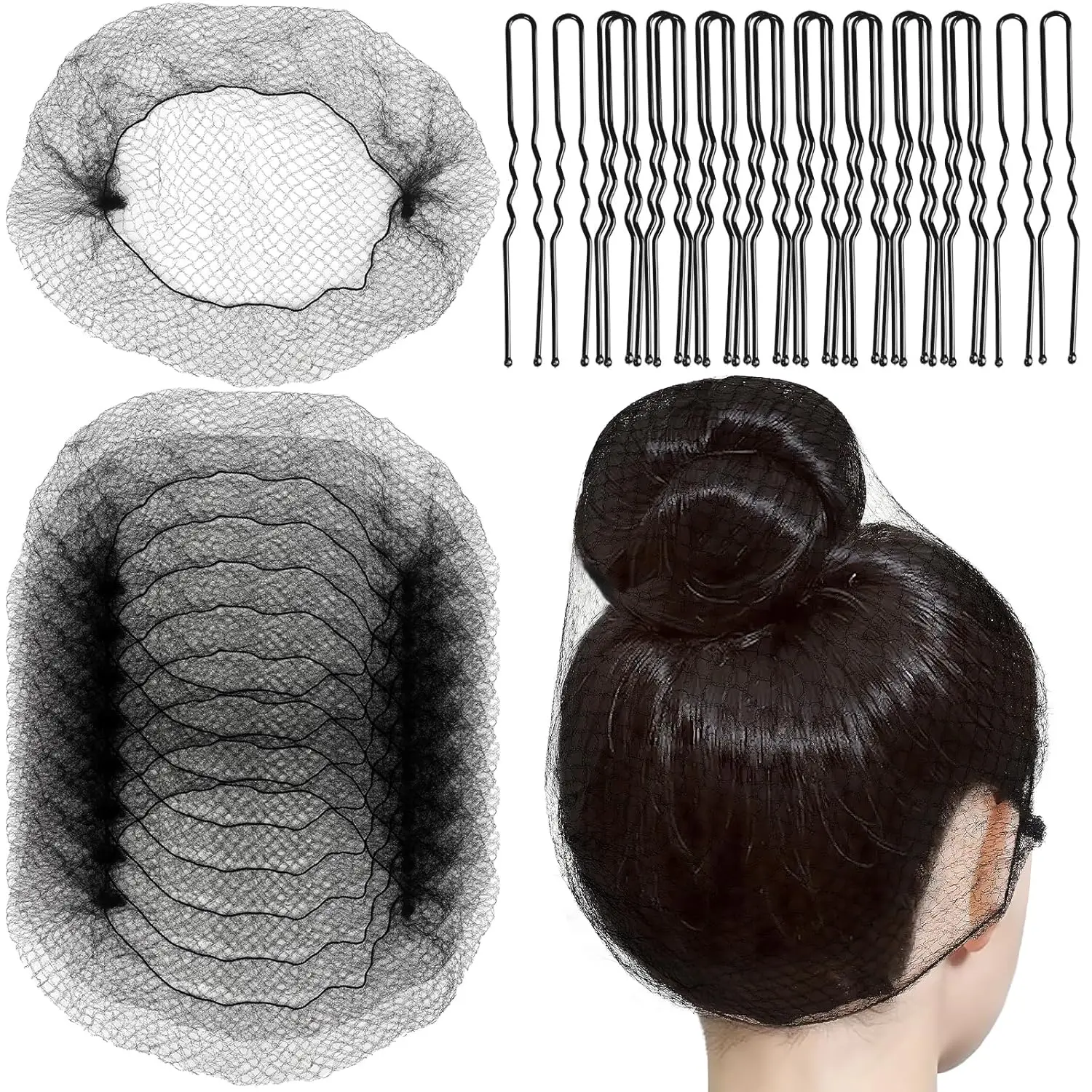 Hair Net for Women Men, Extra Large 60cm Nylon Black Hair Nets for Food Service Workers, 20 Pack Hairnets for Foodservice,Dancing,Sleeping,Hair Nets for Ballet Buns, with 20 U-Hair Pins