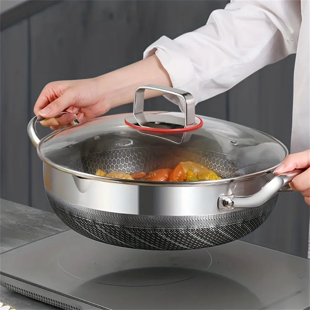 Stainless Steel Frying Pan with Lid, 12 Inch Induction Compatible Cooking Pan, Sauté Pan with Handle, Dishwasher & Oven Safe Cookware, Induction Pots Pans, Durable Cookware, Stainless Steel Material, Stainless Steel Kitchen