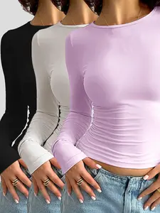 Women's Solid Color Long Sleeve Round Neck Tee, Casual Comfy Tight-fitting T-shirt for Fall & Winter, Women's Clothing for Daily Wear, Womenswear