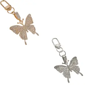 Shiny Full Rhinestone Butterfly Keychain Gold Silver Metal Lobster Clasp Key Ring Sparkly Crystal Bag Charm Pendant for Handbag Purse Car Key Women Fashion Gift